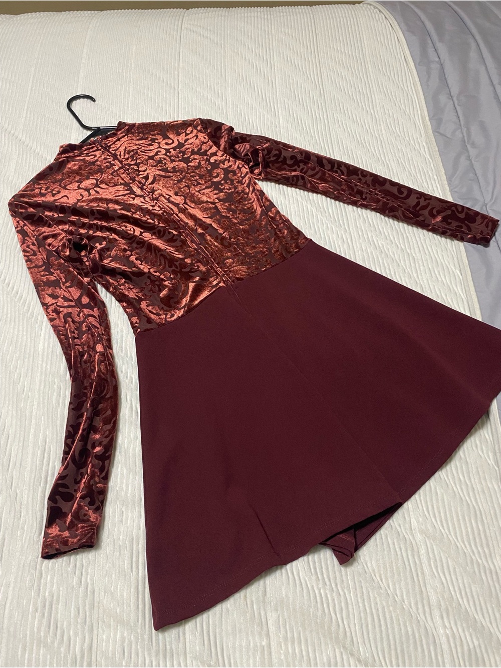 Charlotte Russe Long-Sleeve Velvet & Skater Dress in Wine